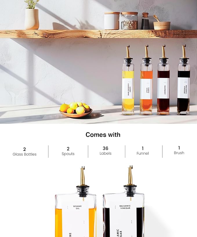 APT 1101 Olive Oil Dispenser for Kitchen, Cooking Oil and Vinegar Dispenser Set, Olive Oil Bottle, Soy sauce dispenser, coffee syrup bottles with stainless steel pourers (Silver, Set of 2)