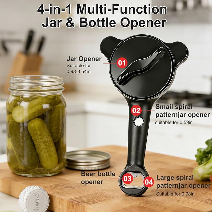 jar openers for seniors,4-in-1 Can Opener for Weak hands,Fits Kitchen Jars with Two Non-Slip Grip, Bottles & Can with Non Slip Rubber Jar opener Gripper Pad