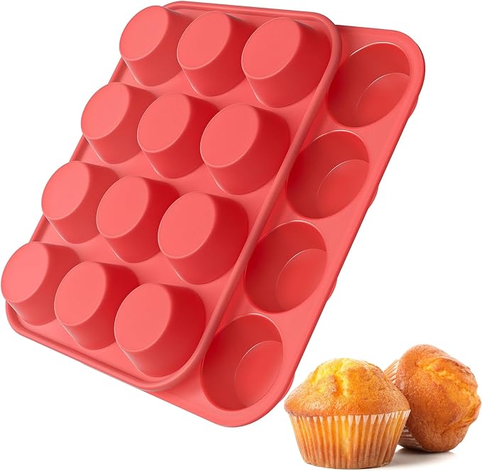 2Pack Silicone Muffin Pans with Metal Reinforced Frame,12 Cup Regular Size Silicone Cupcake Pan,Muffin Tin,Nonstick Cupcake Baking Molds for Muffins,Cupcakes,Egg Bites,BPA Free (2Pack Red)