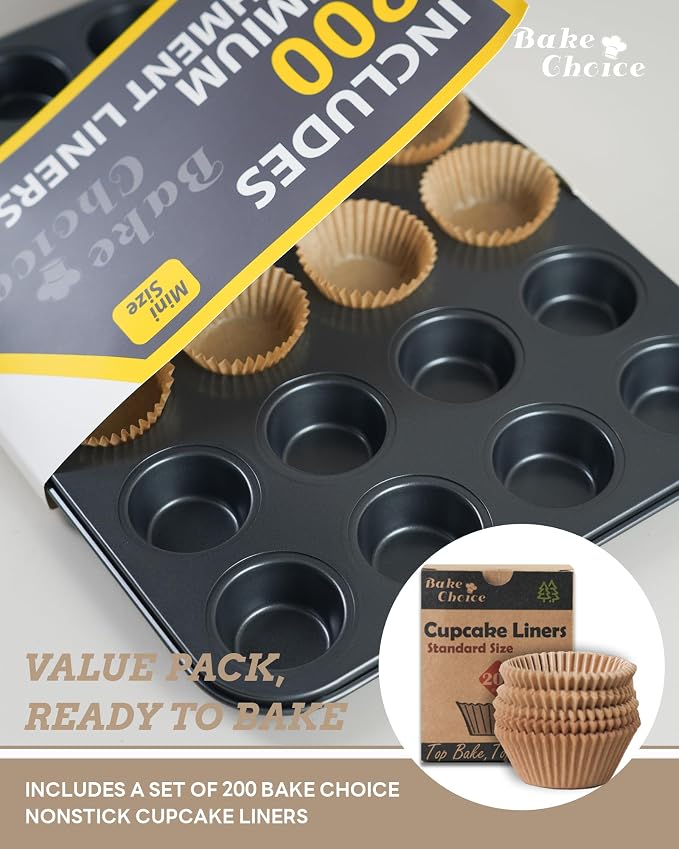 Bake Choice Mini Muffin Pan with 200 Cupcake Liners, Mini Cupcake Pans | Nonstick 24 Cup, Muffin Tin, Carbon Steel Baking Supplies