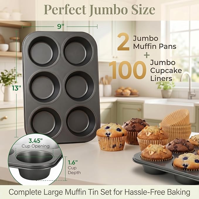 Jumbo Muffin Pan 2 Pack, Extra Large Muffin Tin 6 Cup Includes 100 Jumbo Cupcake Liners, Nonstick Carbon Steel Giant Cupcake Pans for Baking, Breakfast & Party Cupcake Tin