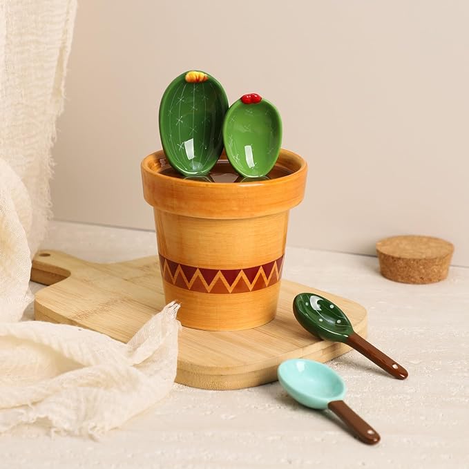 Sizikato 4pcs Porcelain Measuring Spoons with Base, Cute Cactus Shape