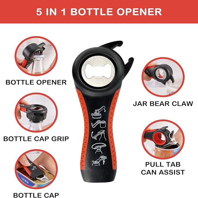 Jar Opener for Weak Hands, Seniors with Arthritis, 5 in 1 Multi Function Bottle Opener Lid Opener For Arthritic Hands with Non Slip Rubber Jar opener Gripper Pad and Corkscrew Wine Opener(RED)