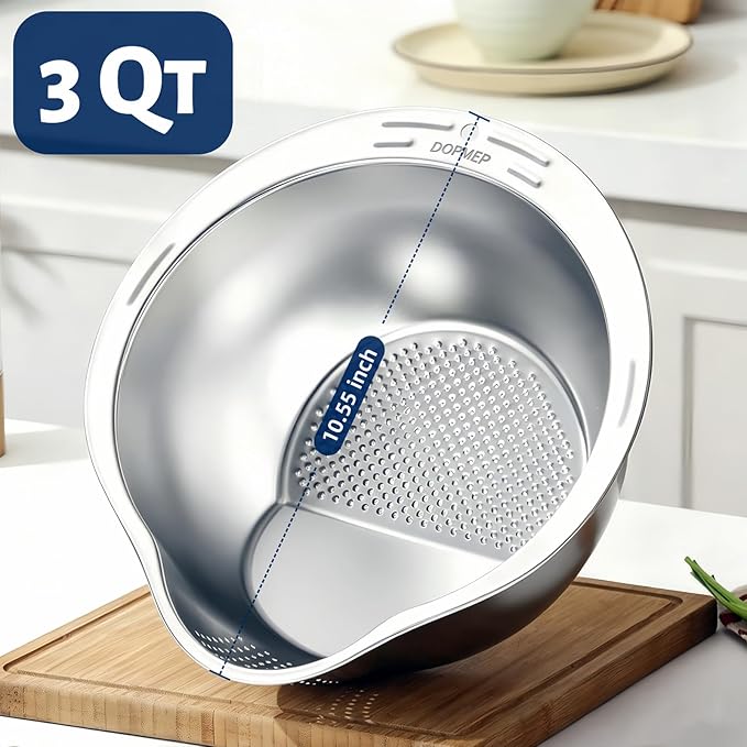 DOPMEP Rice Washer Strainer Bowl Stainless Steel Colander with Side Drainer | Ideal for Soaking, Washing, Cleaning, and Rinsing Rice, Fruits, Vegetables & Beans, Versatile Kitchen Tool