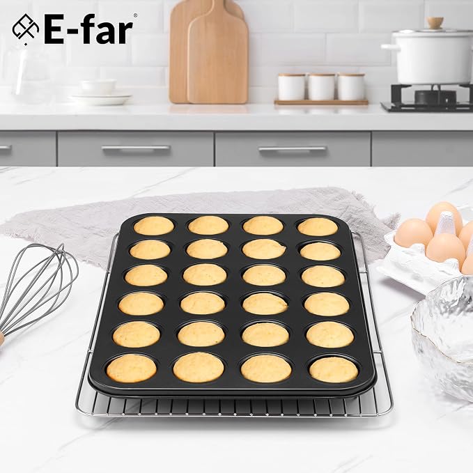 E-far Mini Muffin Pan, 24-Cup Nonstick Carbon Steel Cupcake Pan for Baking | Muffin Tin for Mini Muffins & Cupcakes, Warp-Free for Even Baking & Easy Release, Oven Safe