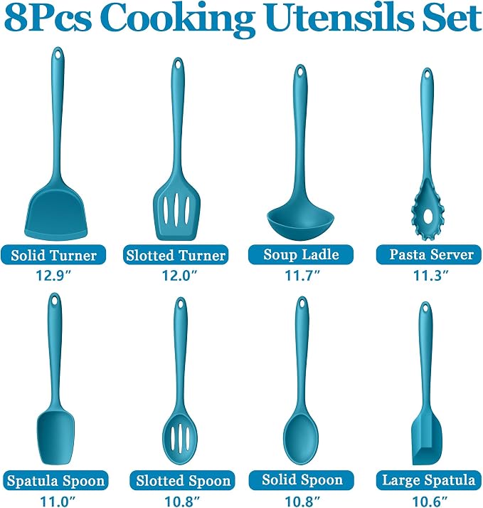 LIANYU 8Pcs Kitchen Utensils Set, Heat Resistant Spatula Set, Cooking Tools Gadgets for Nonstick Cookware, Includes Silicone Spatula, Ladle, Spoon Turner, Dishwasher Safe, Blue