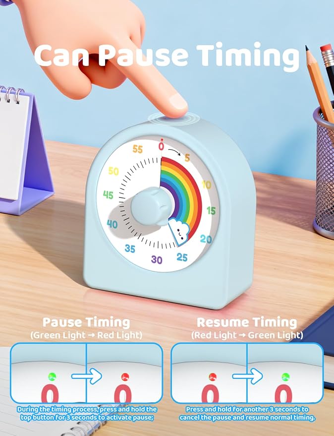 LIORQUE Visual Timer for Kids with Pause Function,Timer for Kids and Adults, Protective Case, Silent Time Management Tool, 60-Minute Countdown for Classroom, Meetings, Study, Kitchen (Rainbow Blue)
