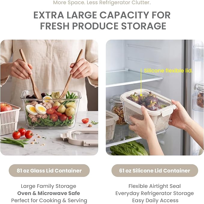 2 Pack Large Glass Produce Containers for Fridge with Colanders | 142oz Borosilicate Glass Produce Containers, Airtight Food Storage with 81 oz Glass Lid & 61 oz Silicone Lid, BPA Free