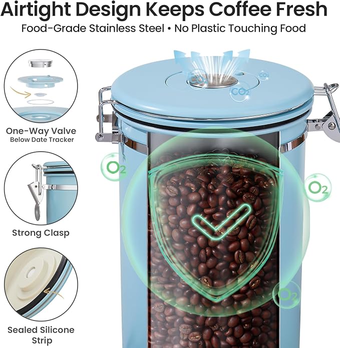 Veken Coffee Canister,39OZ, 2.2lbs,Large Airtight Stainless Steel Container | Kitchen Food Storage Jars for Beans, Ground, Espresso, Rice,Tea, Sugar, Cereal, Cookie, Gifts, Lids, Scoop, Blue