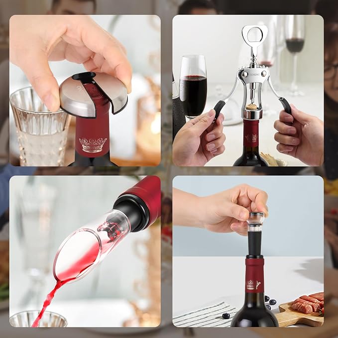 Beneno Multifunctional Wine Bottle Opener Gift Wing Corkscrew, Foil Cutter, Vacuum Stopper & Aerator Pourer, Perfect for Wine Lovers Man Woman, Ingot Silver