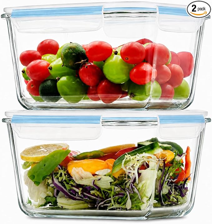 2 Pack Large Glass Storage Containers with Lids 85oz/10.5cup Big Airtight Glass Food Storage Containers for Rotisserie Chicken Watermelon Meal Prep, BPA Free, Freezer Dishwasher Oven Safe