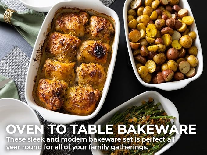 Saffron & Sage Casserole Dish Set of 3 - Baking Dishes for Oven, Contemporary White Ceramic Baking Dish Set, Heavy Duty Bakeware, Up to 500° High Heat Resistant, Dishwasher, Freezer and Food Safe
