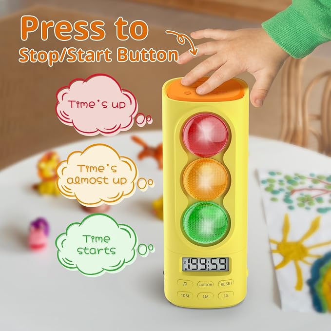 Traffic Light Visual Timer&ADHD Tool for Kids Adults Display Volume Adjustment, with 4 Ringtones for Classroom Desk Home Kitchen Game Countdown Pause Memory Function Charger Type C (Yellow)