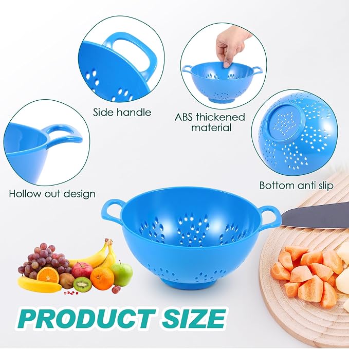 Baderke 4 Pack Mini Colander for Kitchen Plastic Berry Strainer with Double Handles 7.5 x 6 x 3 Inch Small Colander Strainer for Fruits Vegetables Food (Light Blue,Army Green,White,Blue)