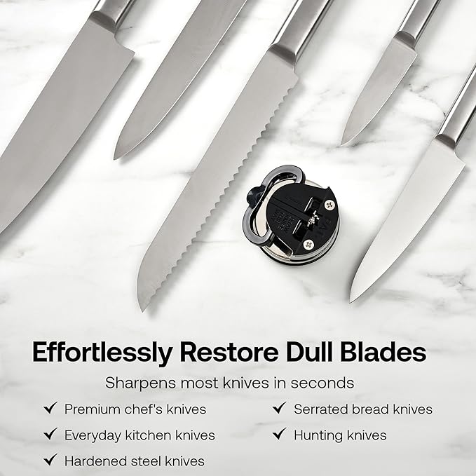 AnySharp – GLOBAL – Hands Free Knife Sharpener - Easy to Use Sharpening Tool with PowerGrip Suction Base and 20-Degree Pre-set Angle - For All Knives: Chef’s, Serrated, and Hardened Steel - Silver