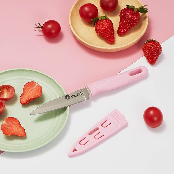4 Pieces Kitchen Knife Set Stainless Steel Blade, Paring knife for Fruit and Vegetable with Matching Covers Colorful Combo Lovely Pink Color Gift Set (4)