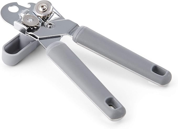 Farberware Pro Stainless Steel Manual Can Opener with Soft Ergonomic Handles and Integrated Bottle Opener, Dishwasher Safe, Contemporary Gray, 7.25 Inches