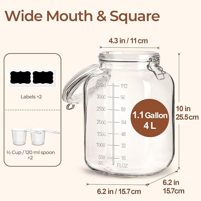 ComSaf Large Square Glass Jars with Airtight Lid 1 Gallon 2 Pack Wide Mouth | Flour sugar rice, Kombucha, Bulk pantry organization, Measurement marks, Pickling fermenting, Snacks, Sourdough pickling