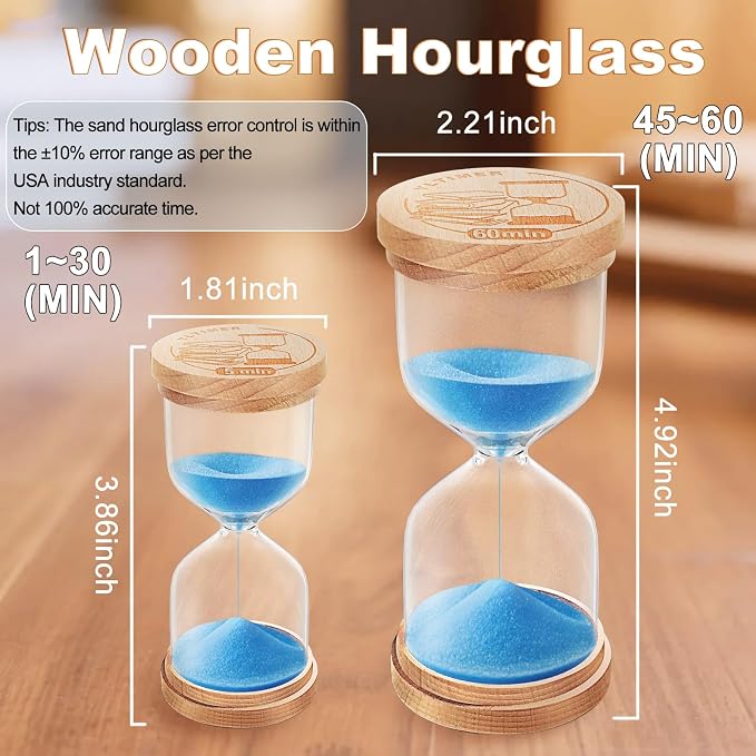 60 Minute Sand Timer Hourglass:Beech Wooden Sand Clock,Large Blue Sand Watch 60 Min,Reloj De Arena,Hour Glass Sandglass for Home,Classroom,Decor,Kitchen(Blue)