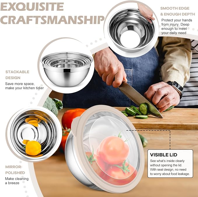 E-far Stainless Steel Mixing Bowls with Airtight Clear Lids Set of 7, Metal Nesting Bowls for Kitchen Prep, Baking, Cooking, Serving, Salad, Dishwasher Safe, Size 4.6, 3.5, 3, 2, 1.5, 1, 0.7QT, Khaki