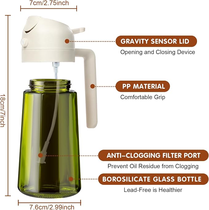 YARRAMATE 16oz/470ml Light-Blocking Dark Oil Sprayer for Cooking, 2 in 1 Olive Oil Dispenser Bottle for Kitchen, Premium Dark Green Glass Oil Bottle, Food-Grade Oil Mister for Air Fryer, BBQ (White)