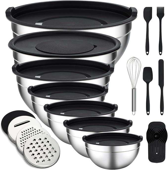Unokit Mixing Bowls with Lids Set - 16 Pcs Stainless Steel Nesting Mixing Bowls with Grater Attachments, Mixing Bowl Set for Multi Mixing & Serving