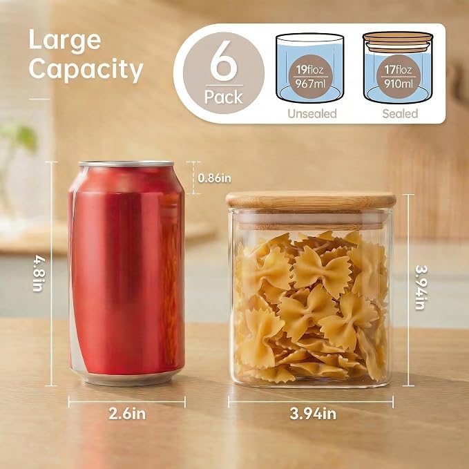 27 oz Square Glass Food Storage Containers with Airtight Bamboo Lids, 6Pack | Stackable Small Pantry Jar for Spices, Nuts & Seed, Durable Borosilicate Glass Canister Keep Food Fresh, Easy to Fill & Clean