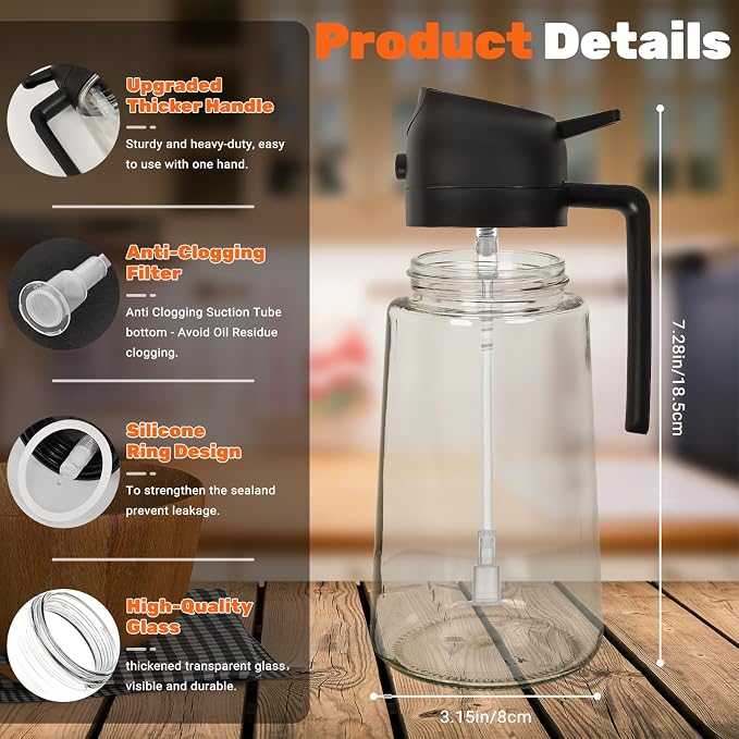 CJT 2 pcs 16oz/470ml Oil Sprayer for Cooking with labels, Food-grade Premium 2 in 1 Olive Oil Dispenser Bottle for Cooking,BBQ, Air Fryer,Salad,Baking(Green & Black)