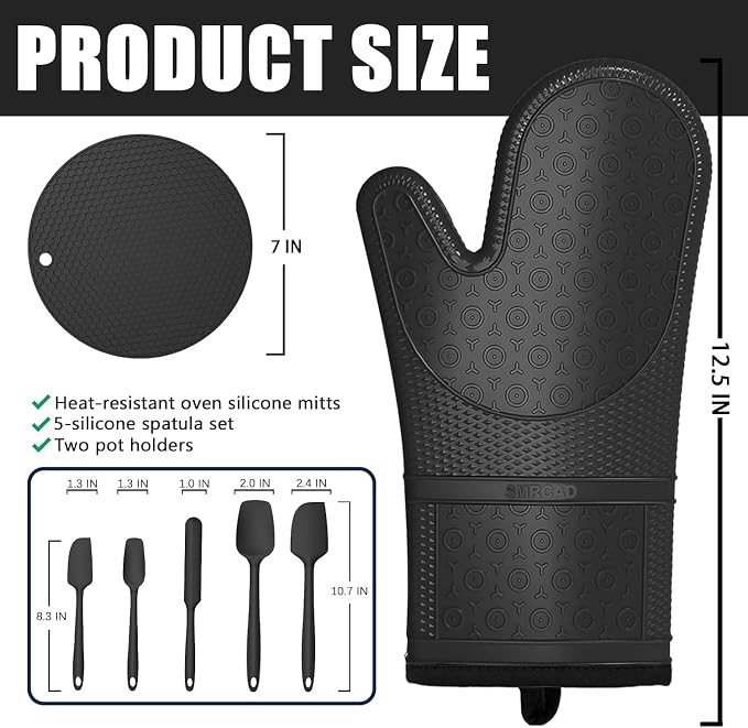 Oven Mitts with Heat-Resistant Hot Pads and Five Silicone Spatulas Designed for Kitchen Baking Cooking, Oven Glove Soft Cotton Lining, Waterproof, BPA-Free (Gun Black)