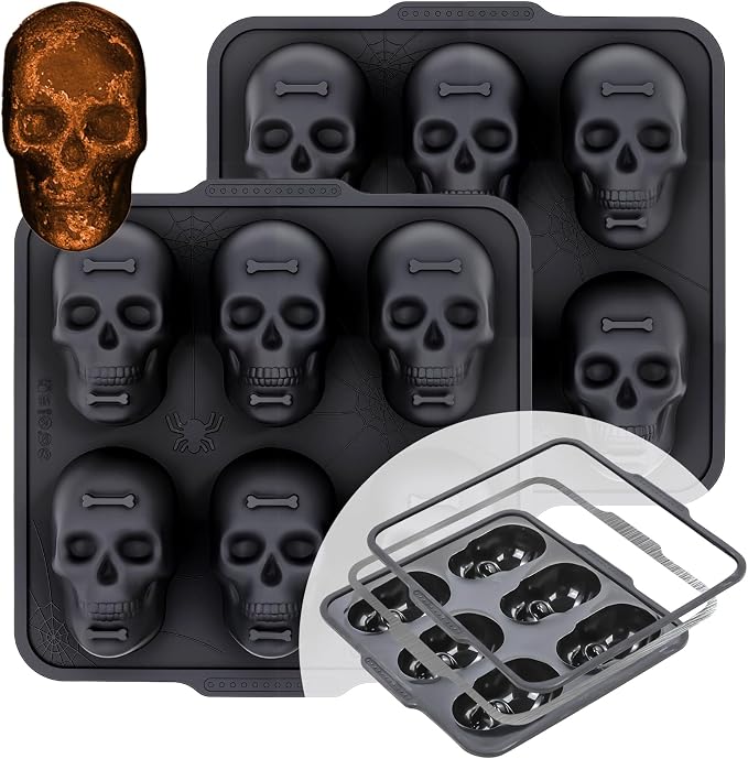 FUNBAKY Skull Baking Pan, Muffin Pan with Metal Reinforced Frame, Silicone Skull Cake Mold - Halloween Nonstick Large Molds for Baking with Handle (2 pack)