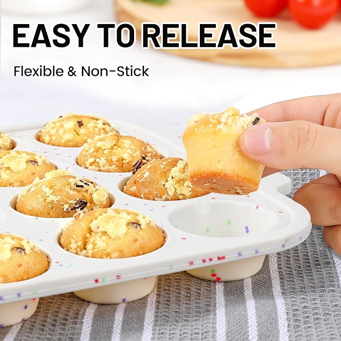 Vinino Silicone Mini Muffin Pan for Baking with Reinforced Frame, BPA Free | 24 Cup Mini Cupcake Pan with Non-Slip Handle, Nonstick Food Grade Silicone Muffin Tray for Oven, Dishwasher Safe, Cream