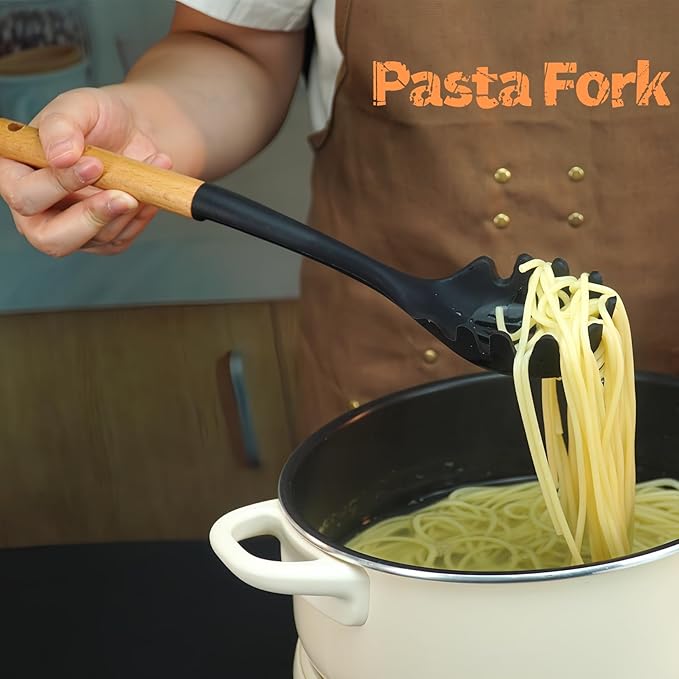 Silicone Cooking Spoon and Pasta Fork Set, 2 Pack Large Spatula Spoons Set with Wooden Handle, Nonstick Multifunction Spoon for Cooking, Serving, Mixing and Spaghetti (Black)
