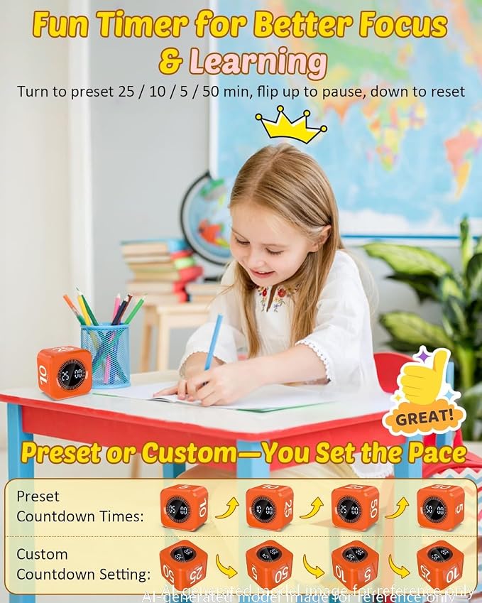 Digital Pomodoro Timer Cube 5/10/25/50min, Visual Productivity Flip Timer for Kids Classroom Desk, Custom Countdown, Silent and Sound Mode for ADHD Study Work Game Kitchen (Orange)