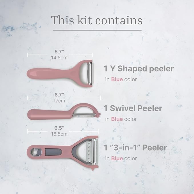 Vegetable Peeler 3-Piece Set – Swivel Cutter, Y-Shaped Slicer, and Julienne Peeler with Bottle Opener and Built-in Eye Remover – Stainless Steel Blade with Comfortable Handle for Kitchen – Pastel Pink