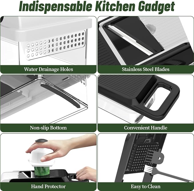 StoreHappily 12-in-1 Vegetable Chopper, 10 Blades Veggie Chopper with Container and Lid, Dicer, Slicer, Multifunctional Kitchen Gadgets, Vegetable Cutter with Handle, Onion Cutter(Black/White)
