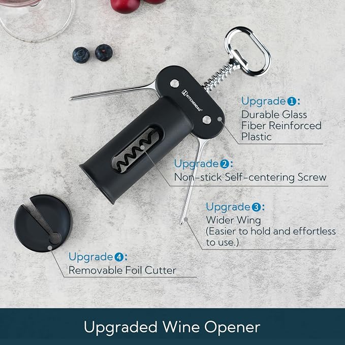 KITCHENDAO 3 in 1 Wing Corkscrew Wine Bottle Opener with Foil Cutter, Built-in Beer Bottle Opener, Multifunctional Wine Opener with Non-Stick Sharp Screw, Easy to Use, Manual Wine Corkscrew, Black