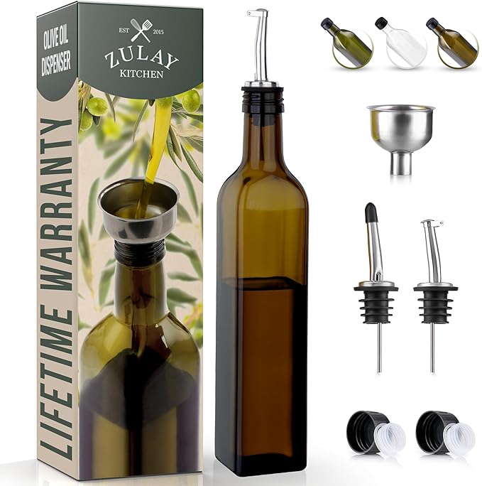 Zulay Kitchen 17oz Olive Oil Dispenser Bottle – Glass Oil Cruet with Spout, Funnel & Pourers, Easy-Pour Decanter for Kitchen Cooking and Serving (Dark Brown)