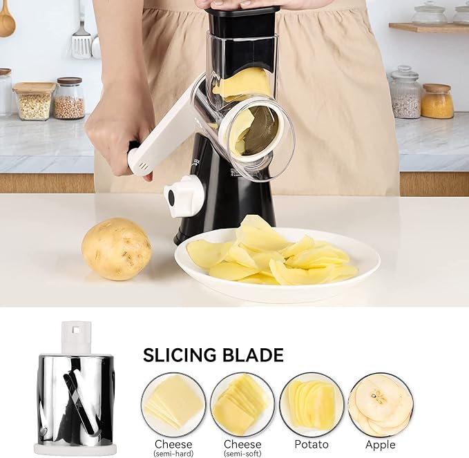 Rotary Cheese Grater Vegetable Shredder with Handle Round Kitchen Mandoline Slicer Grater for Nuts, Vegetable, Chocolate, Chesse - Black - 3 Replaceabe Stainless Steel Blades