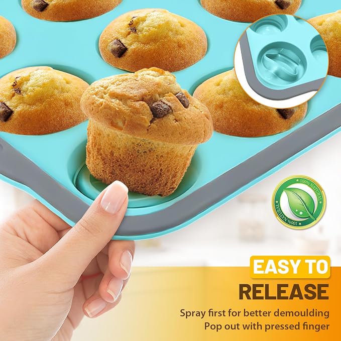Silicone Muffin Pan, 12 Cups Non-Stick Cupcake Pan, Food-Grade BPA-Free Muffin Tin, Oven-Safe 450 °F, Reinforced Steel Frame, Easy-Grab Handles, Quick-Release 2.3" Baking Molds for Mini Treats