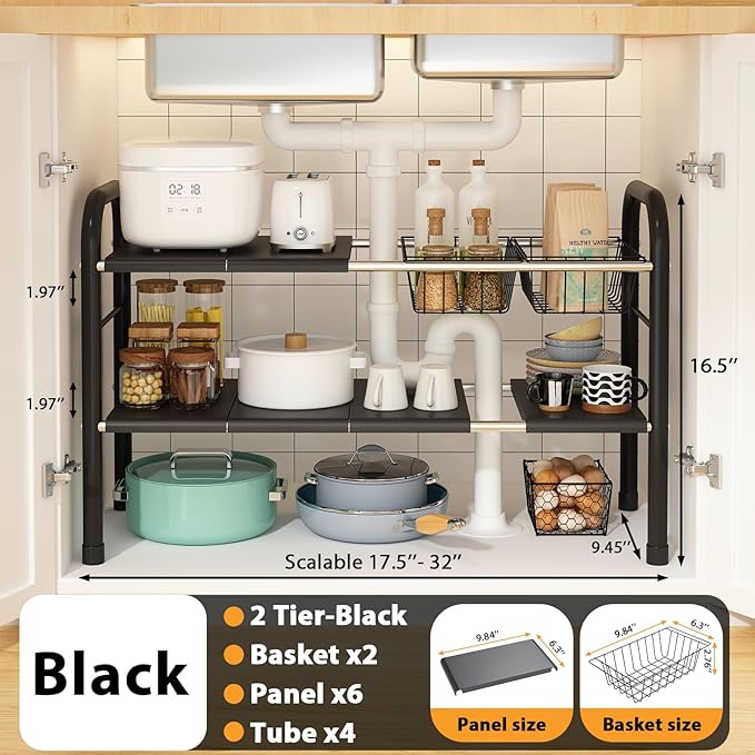 Expandable Under Sink Organizer, 2 Tier Under Sink Shelf | With 2 Removable Baskets and 6 Removable Panels, For Cabinet Sink Cloakroom Wardrobe Closet Storage, Black, 17.71”-32”Length