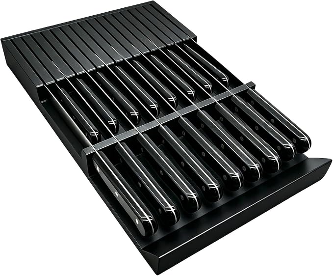 Black Painted Bamboo In-Drawer Knife Block, 17 Slot Large Capacity Knife Organizer, Upper and Lower Kitchen Steak Knife Storage Rack - Holds 8 Short Knives + 9 Long Knives