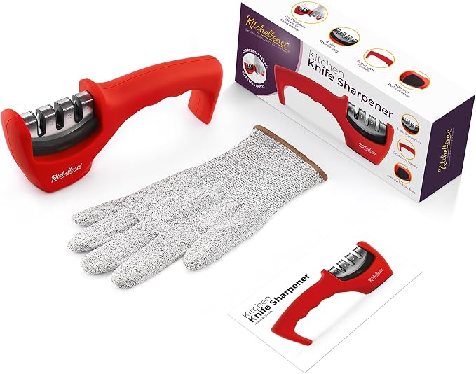 4-in-1 Kitchen Knife Accessories: 3-Stage Knife Sharpener Helps Repair, Restore and Polish Blades and Cut-Resistant Glove