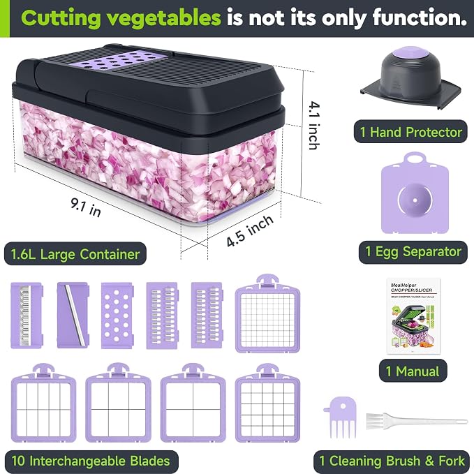 MealHelper 15-in-1 Vegetable Chopper, 10 Blade Veggie Chopper, Practical Food Chopper with Container, Cheese Grater, Home Essentials & Kitchen Gadgets(Purple)