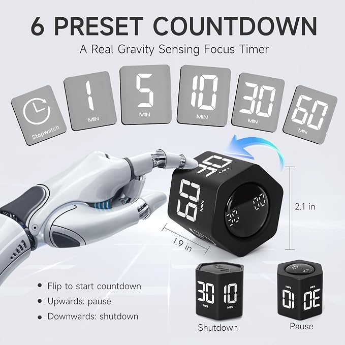 Productivity Timer 1, 5, 10, 30, 60 Minutes Preset, Desk Cube Timer with Gravity Sensor/Mute/Vibration for ADHD, Work, Study, Kitchen, Back to School (Black)