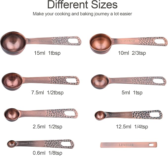 Copper Measuring Cups and Spoons Set, Stainless Steel Copper Plated 6 Metric & US Measuring Cups & 7 Spoons with Leveler for Baking & Kitchen