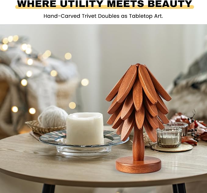 Wood Foldable Tree Trivets for Hot Dishes/Pot/Bowl/Teapot/Hot Pot Holders, Gifts for Family/Friends, Cute and Practical Kitchen Decorations(Smooth- 4Pcs)