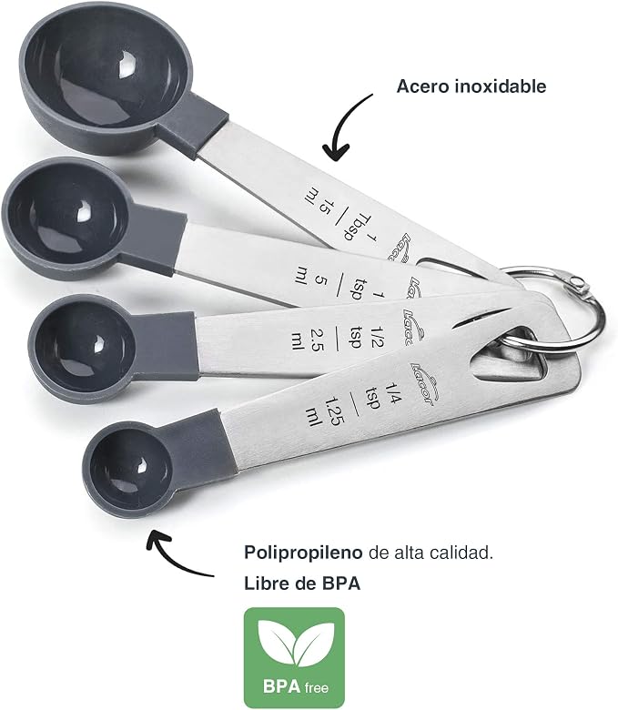 LACOR - 67037 – Set of 4 Measuring Spoons, Liquid and Food Meter, Pastry, Stainless Steel and Polypropylene, Stackable, Measures in ml, Tsp, Tbsp, BPA Free, Dishwasher Safe, Grey