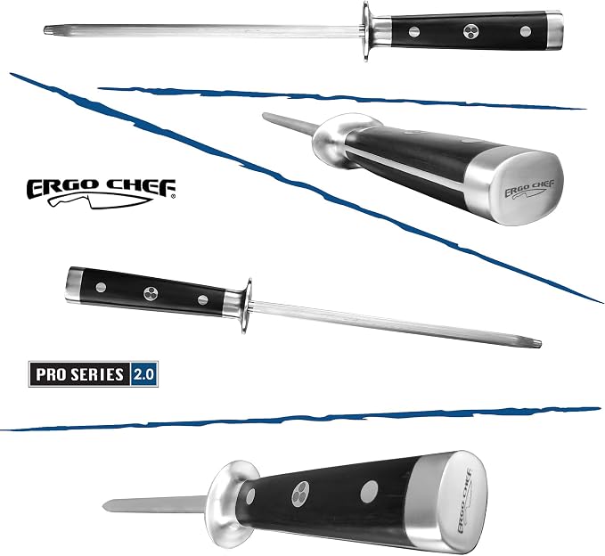Ergo Chef Pro Series 2.0 Knife Sharpener - 9'' Magnetized Stainless Steel Honing Rod with Black Pakkawood Handle - Ideal for Home and Professional Knife Maintenance