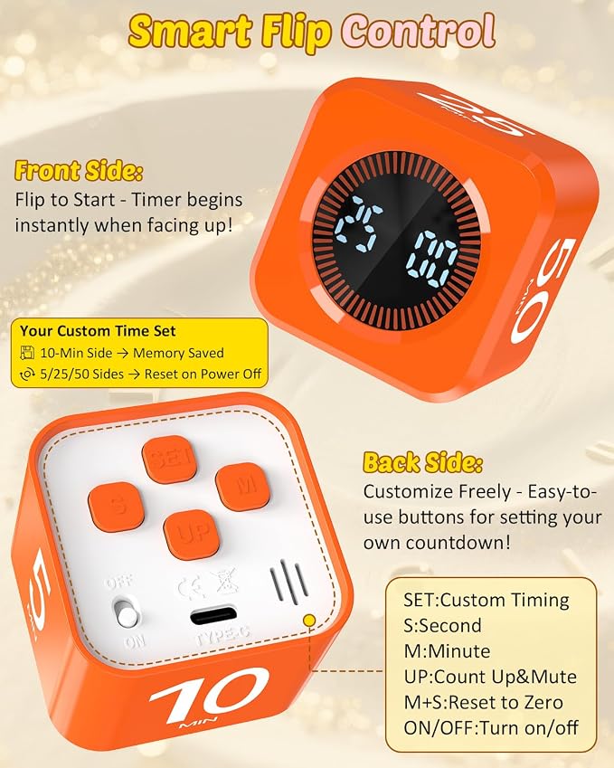 Digital Pomodoro Timer Cube 5/10/25/50min, Visual Productivity Flip Timer for Kids Classroom Desk, Custom Countdown, Silent and Sound Mode for ADHD Study Work Game Kitchen (Orange)