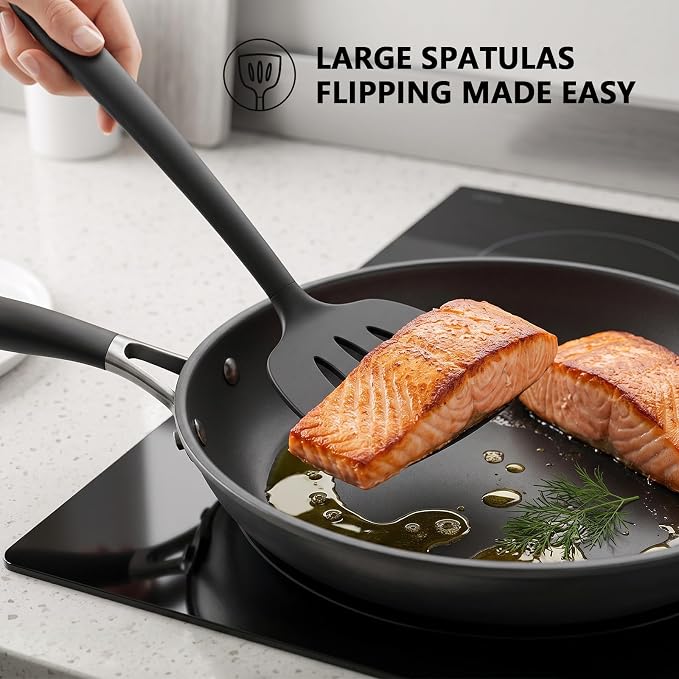 Coukre 3 Pack Silicone Spatula Set, High Heat Resistant, BPA-Free, Fish Spatula, Solid & Slotted Turner for Non-Stick Pans, Flipping Eggs, Pancakes, Fish, Burgers (3, PureBlack)